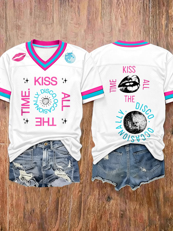 Women's Kiss All The Time Disco Occasionally Print V Neck T-shirt