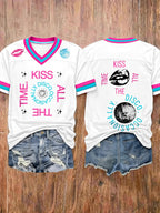 Women's Kiss All The Time Disco Occasionally Print V Neck T-shirt