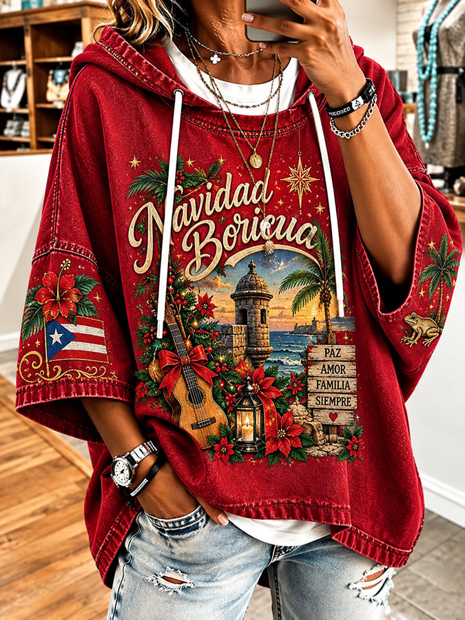 Women's Puerto Rico Christmas Print Hooded Sweatshirt