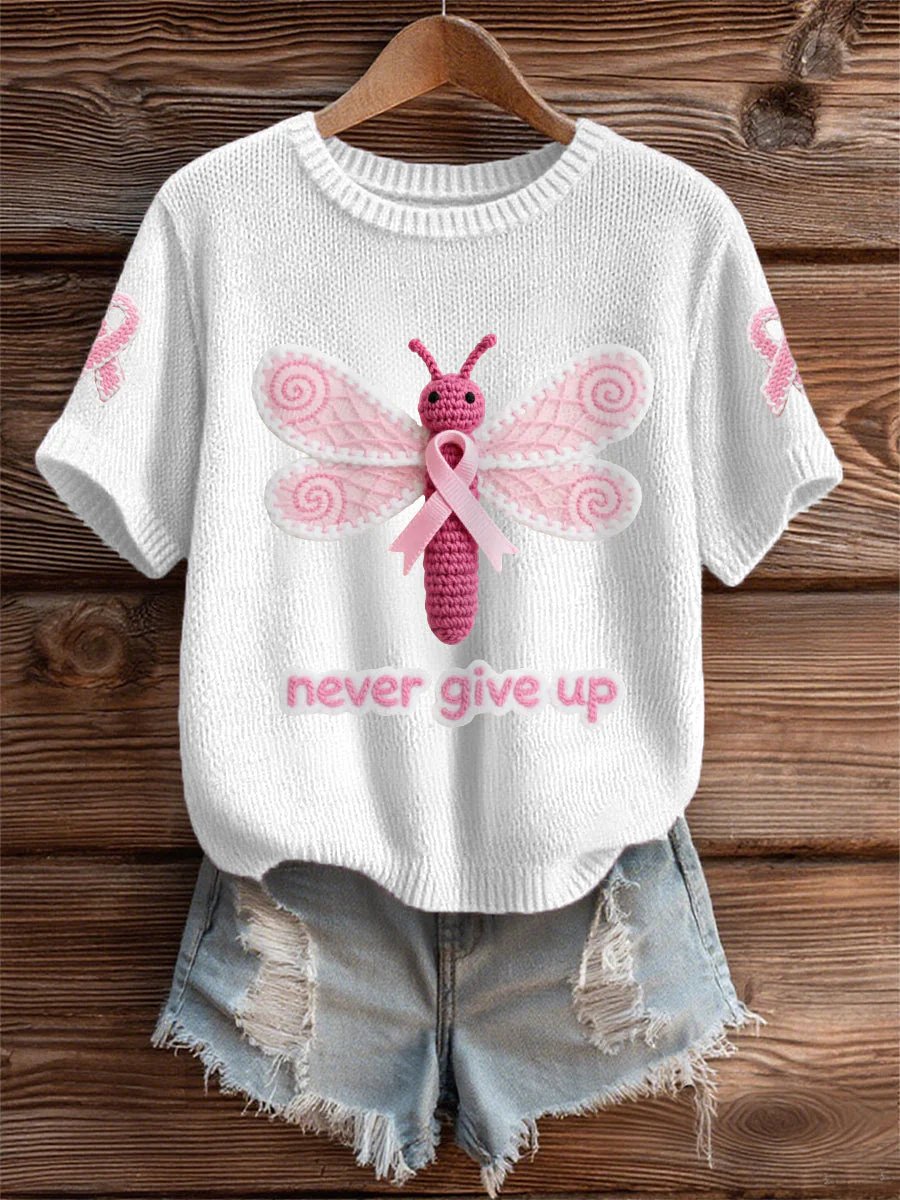 Women's Breast Cancer Awareness Pink Never Give Up Print Short Sleeve T-Shirt