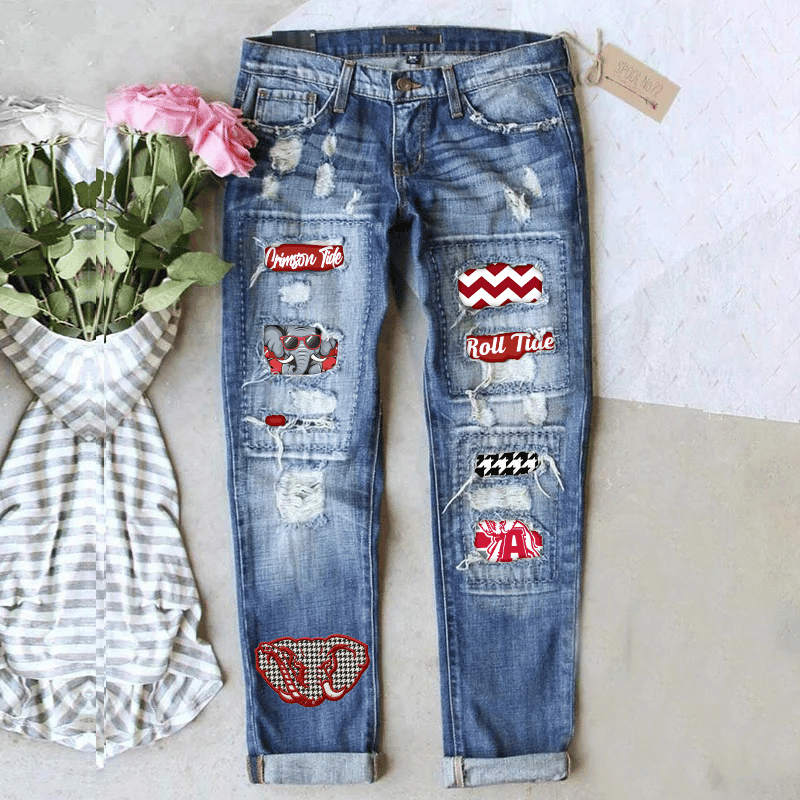 Women's printed straight-leg washed jeans