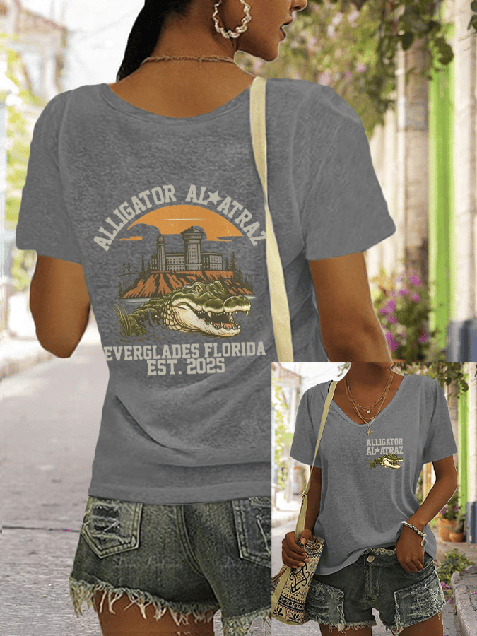 Women's Fashion Casual Crocodile Alcatraz Printed T-shirt