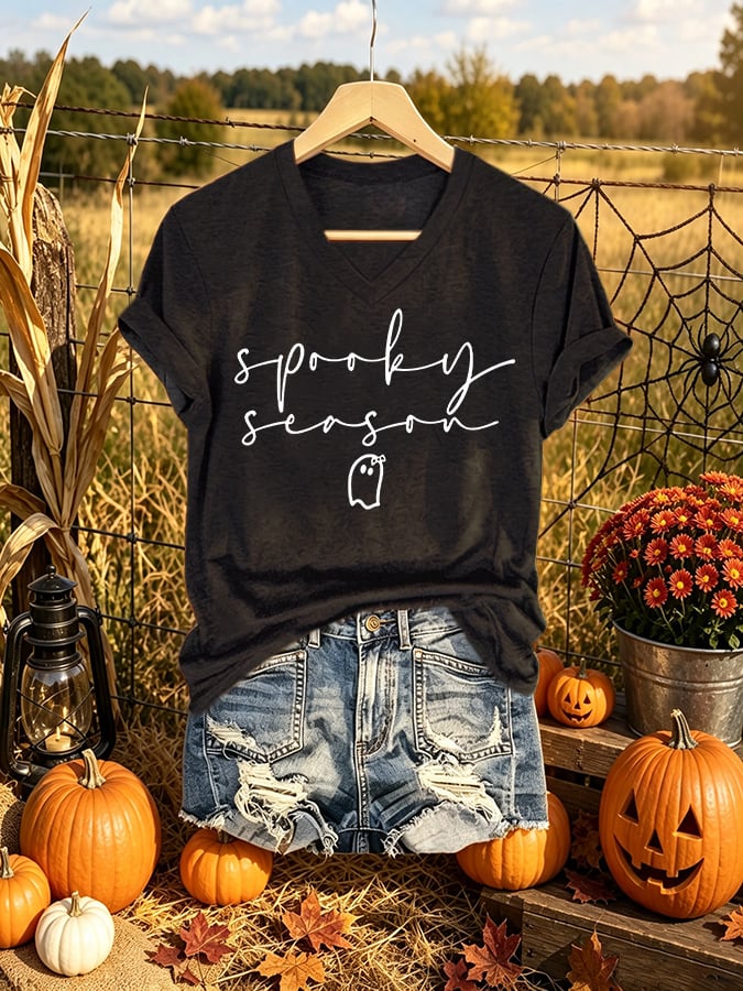V-Neck Retro Halloween Spooky Season Ghost Print T-Shirt