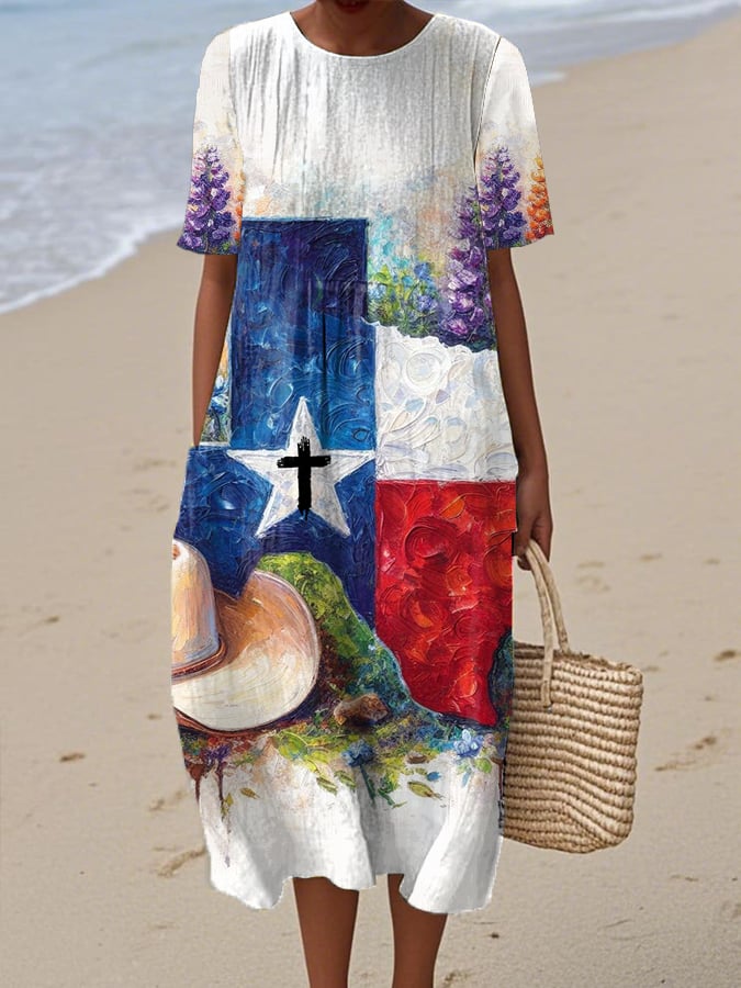 Women's Casual Retro Texas Oil Painting Printed Cotton And Linen Dress