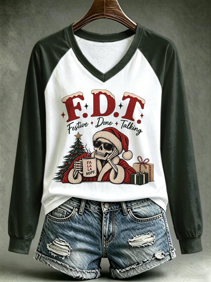 V-Neck Retro Christmas Santa Skeleton FDT Festive, Done Talking Print T-Shirt