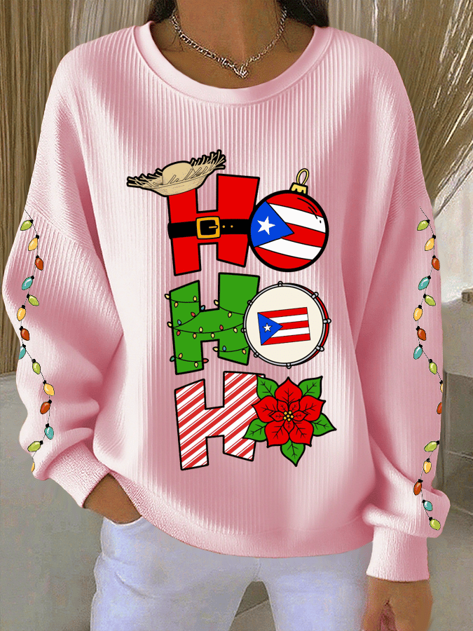 Women's Puerto Rican Christmas Print Knit Crew Neck Long Sleeve Top