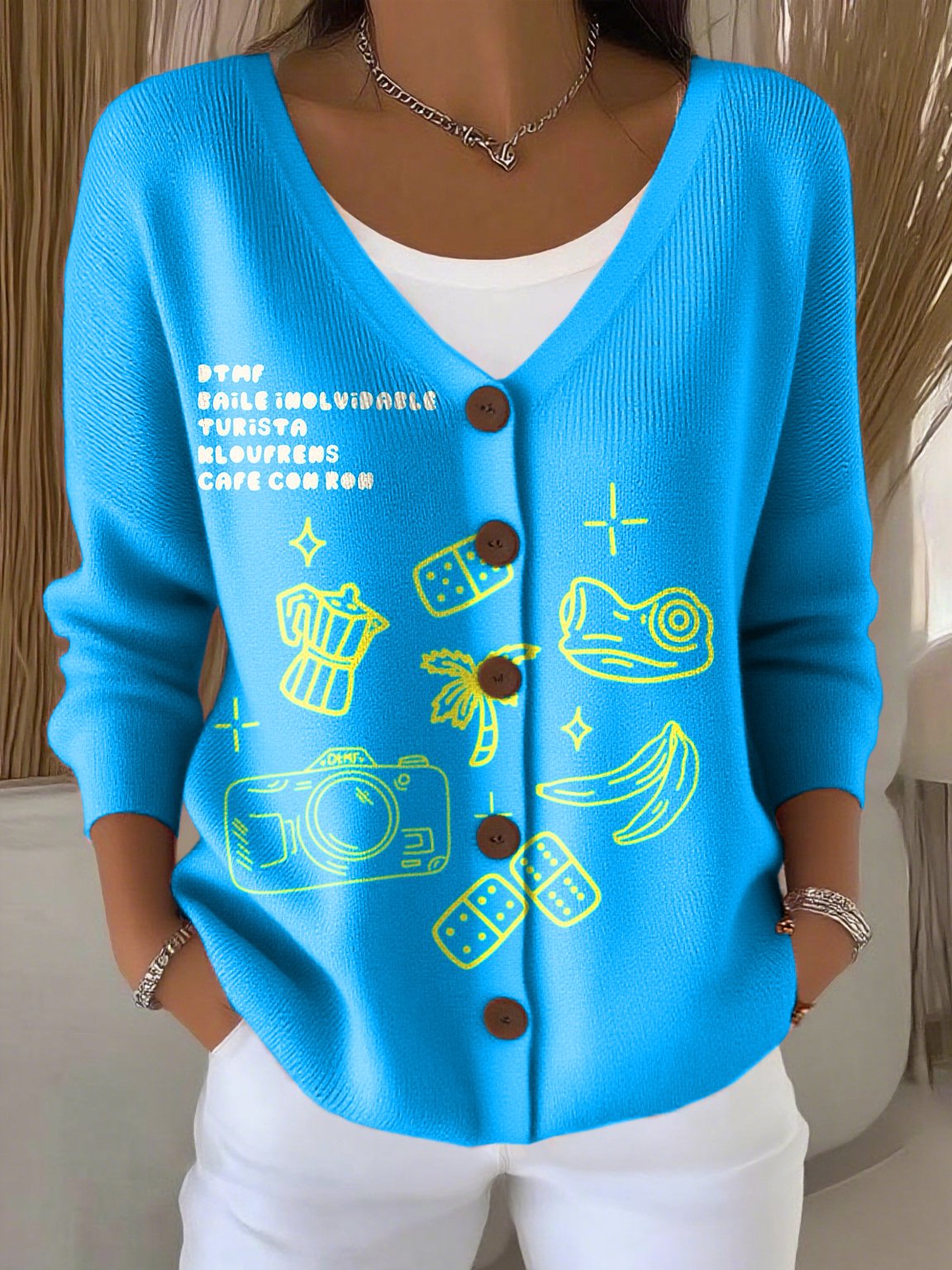 Puerto Rico Casual Print Thick Needle Striped Cardigan