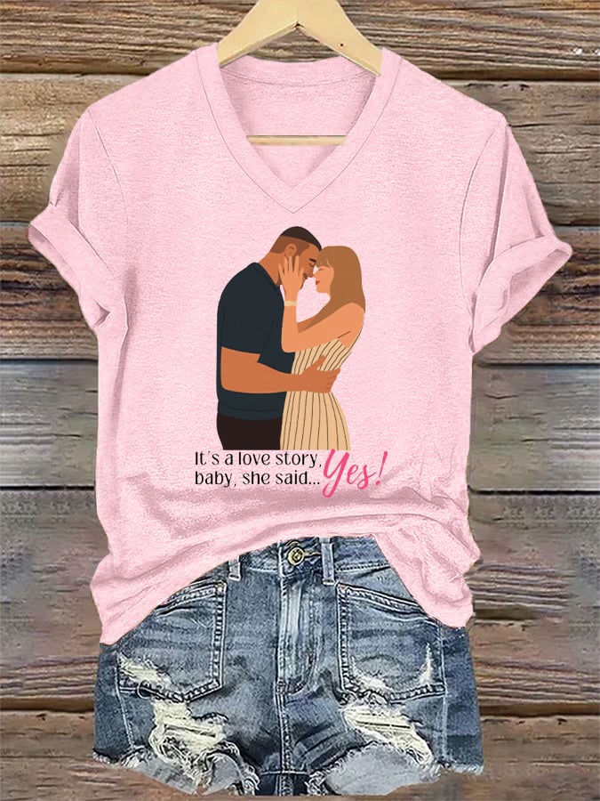 V-Neck Retro It’s A Love Story, She Said Yes Print T-Shirt