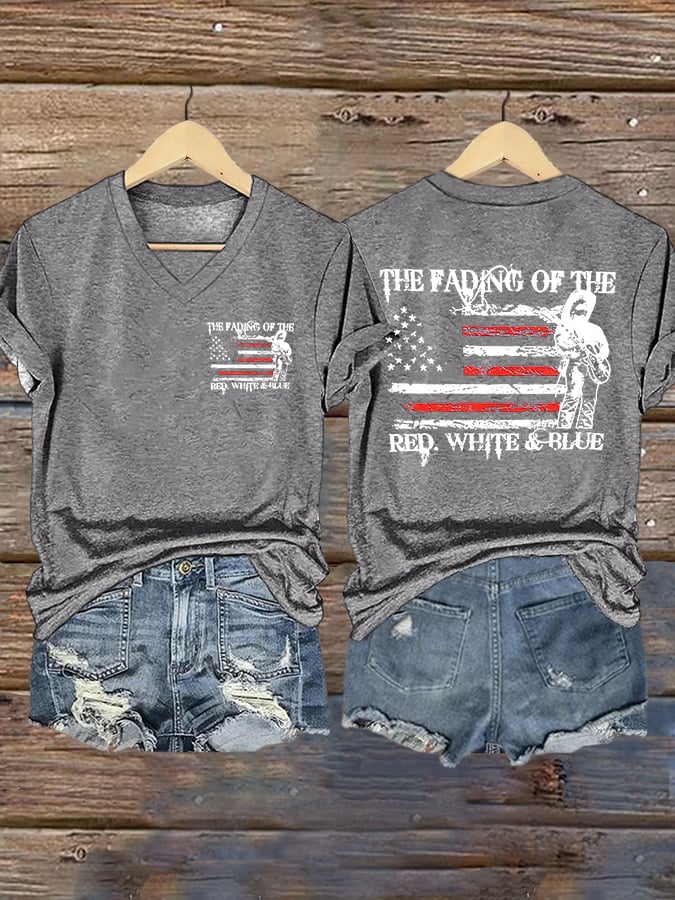V-Neck The Fading of the Red White and Blue Print T-Shirt