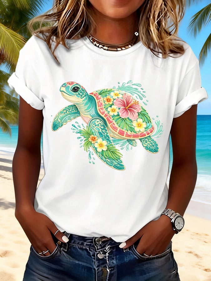 Retro Vacation Beach Colorful Sea Turtle Floral Print T-Shirt