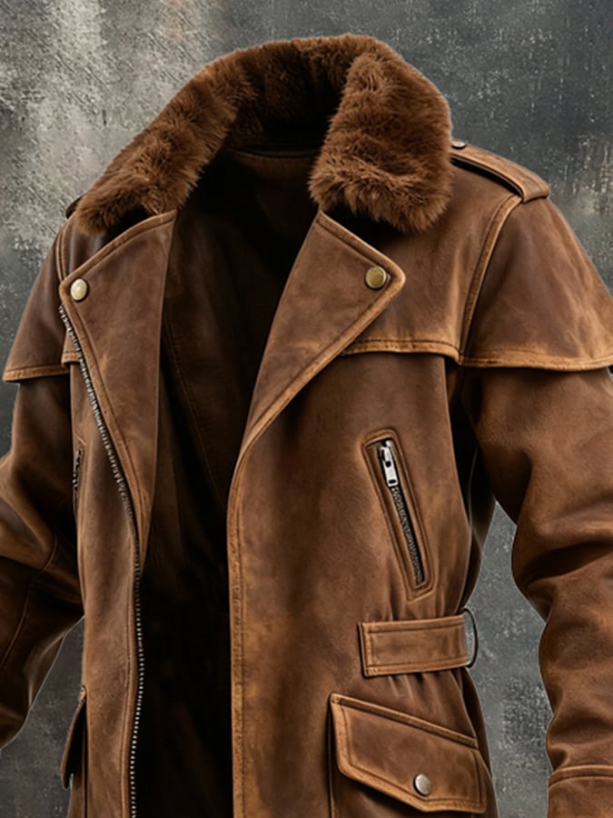 Men's Warm Large Fur Collar Jacket Windbreaker(There Is No Plush Lining Inside.)PU Leather & Polyester
