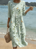Women's Casual Solid Color Round Neck Mid-Sleeve Floral Print Cotton Linen Dress