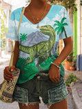 Women's Retro Dinosaur Print V Neck T-Shirt