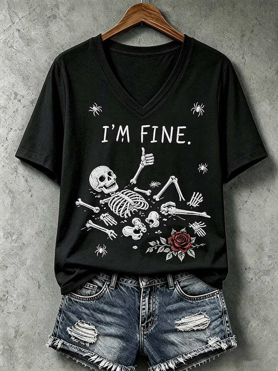 Women's Halloween I'm Fine Print V Neck T-Shirt