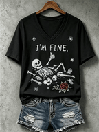 Women's Halloween I'm Fine Print V Neck T-Shirt