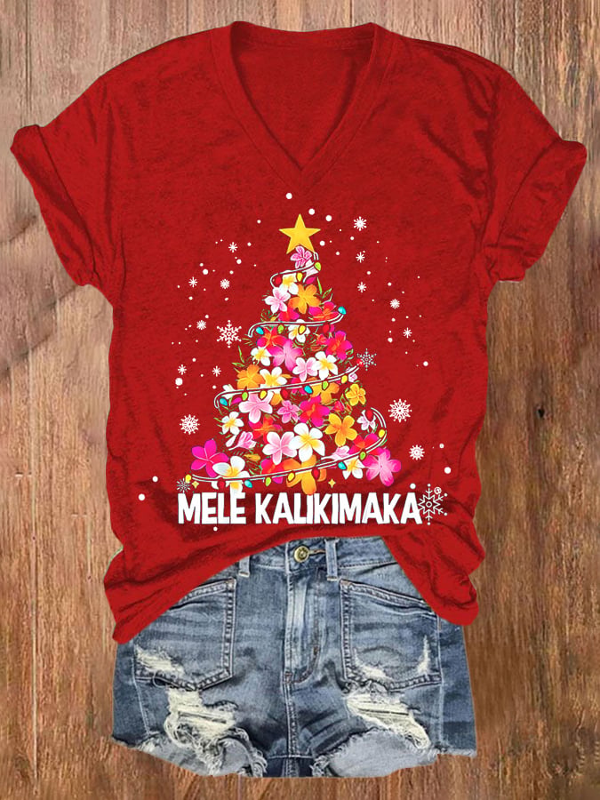 Women'S Mele Kalikimaka Print Short Sleeve Casual T-Shirt