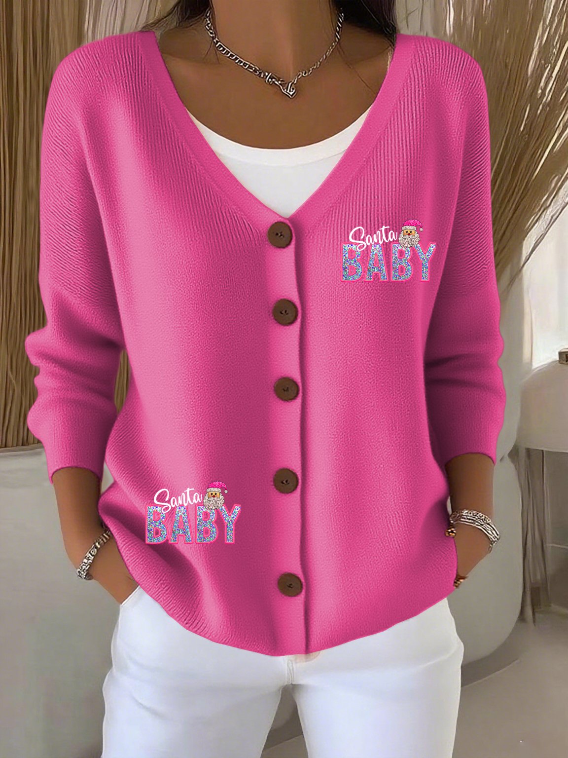 Women's Christmas Santa Baby Print Cardigan