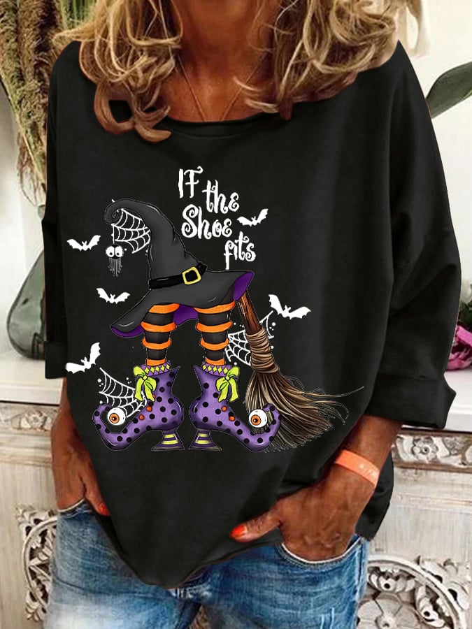 Women's Halloween If The Shoe Fits Printed Crew Neck Sweatshirt