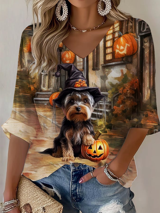 Yorkie Dog Halloween Art Printed Long Sleeve Top