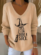 Women'S Witch "Yes I Can Drive A Stick"  Print Drop Shoulder Sweater