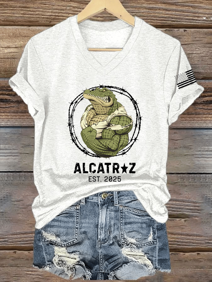 Women's Alligator Alcatraz Print V-Neck T-Shirt