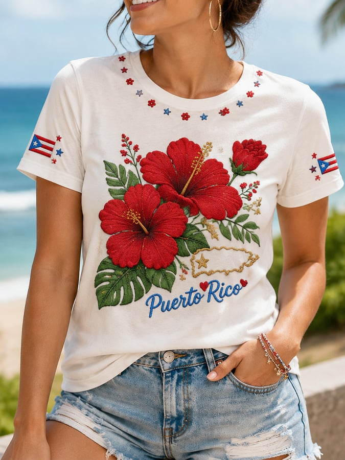 Women's Casual Short-Sleeve Top with Puerto Rico Print