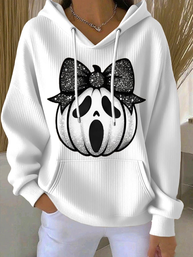 Women's Pumpkin Face Print Casual Hooded Sweatshirt