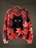 Black Cat Autumn Halloween Art Print Thin Sweater