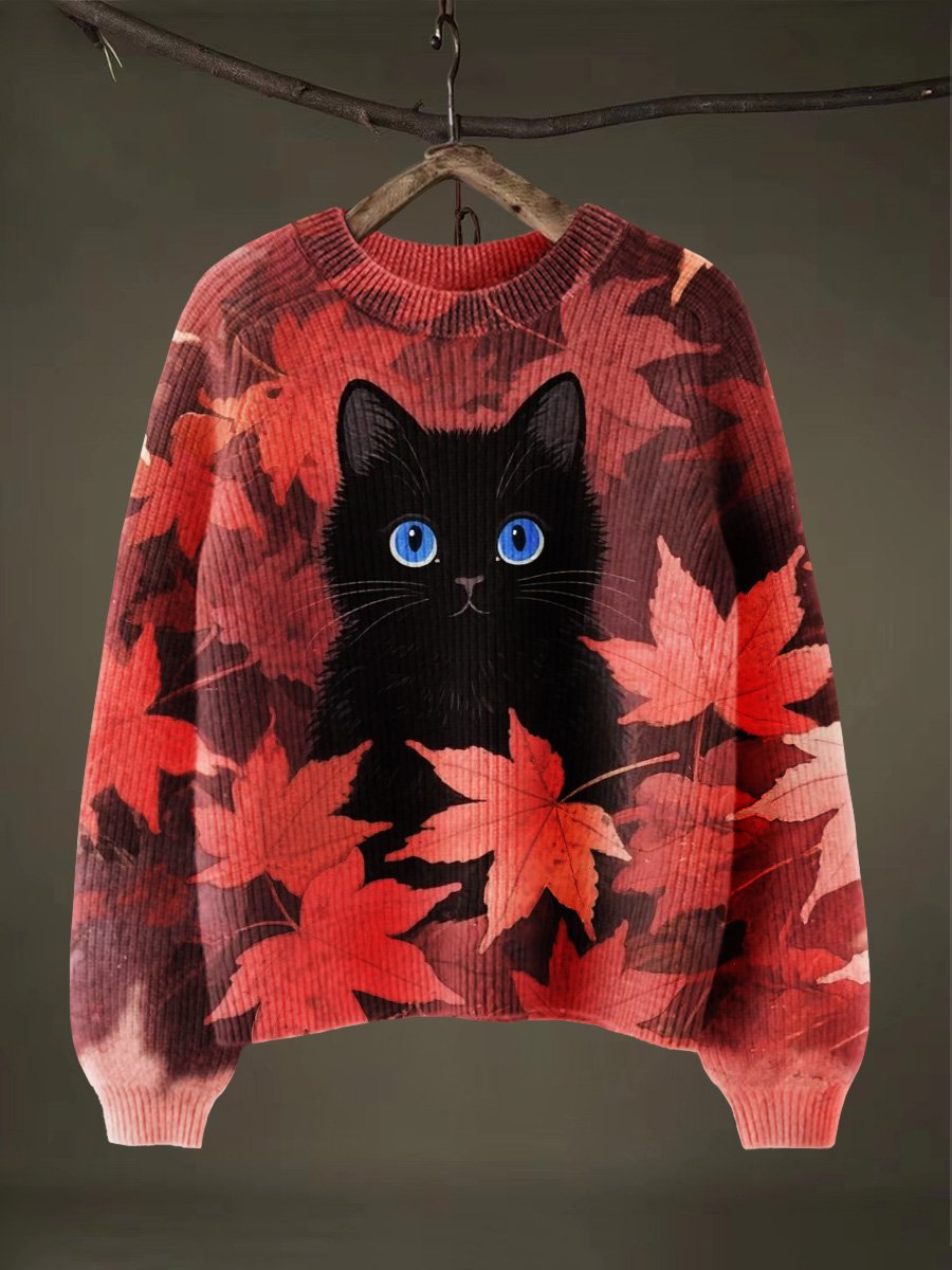 Black Cat Autumn Halloween Art Print Thin Sweater
