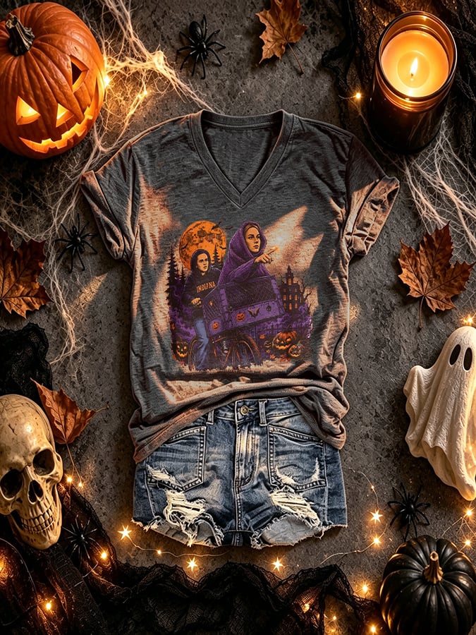 V-Neck Retro Funny Halloween Basketball Don't Point At Me Trick Or Treat Print T-Shirt