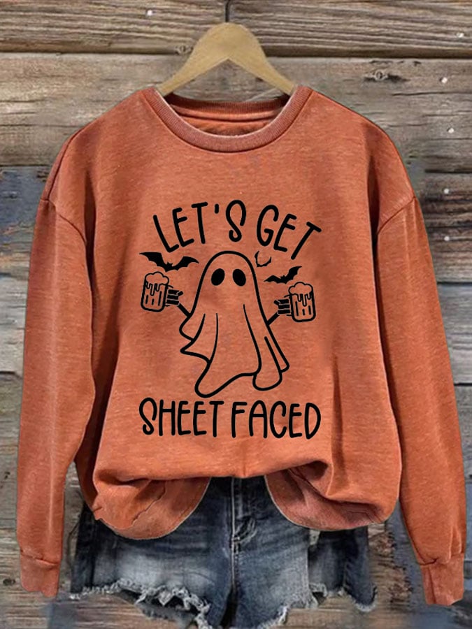 Women'S Halloween Let's Get Sheet Faced Printed Sweatshirt