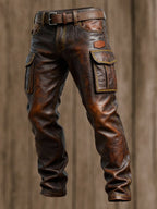 Men's Vintage Leather Stitching Functional Pocket Work Pants