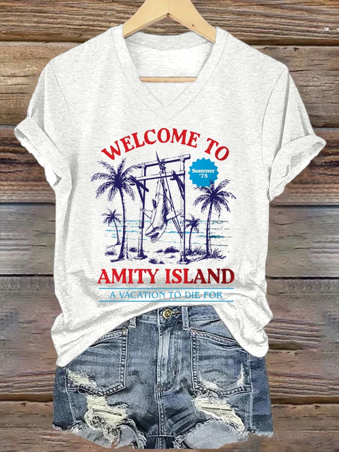 Women's Welcome To Amity Island A Vacation To Die For Print V Neck T-shirt