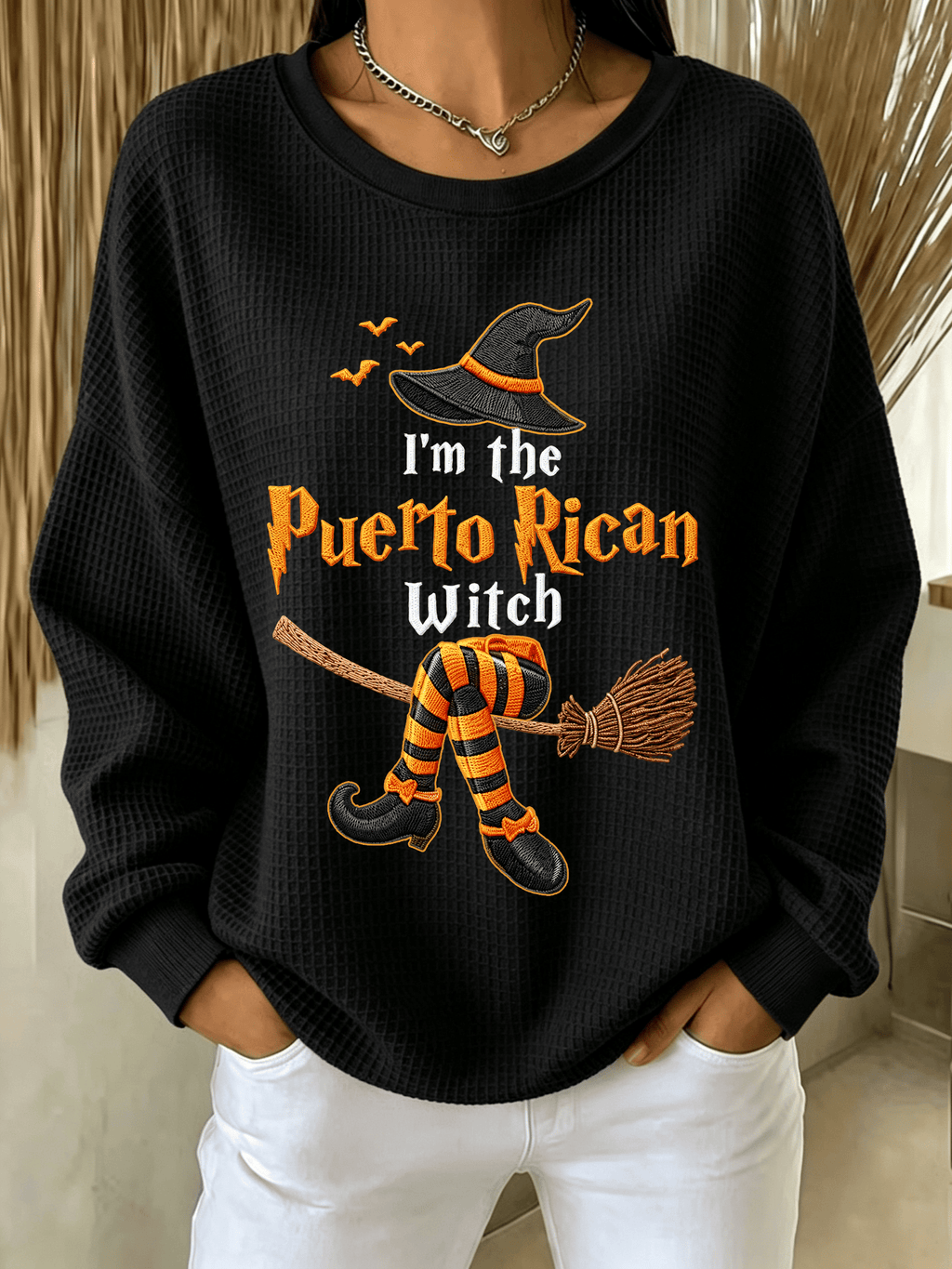 Women's Halloween in Puerto Rico Print Waffle-Knit Top