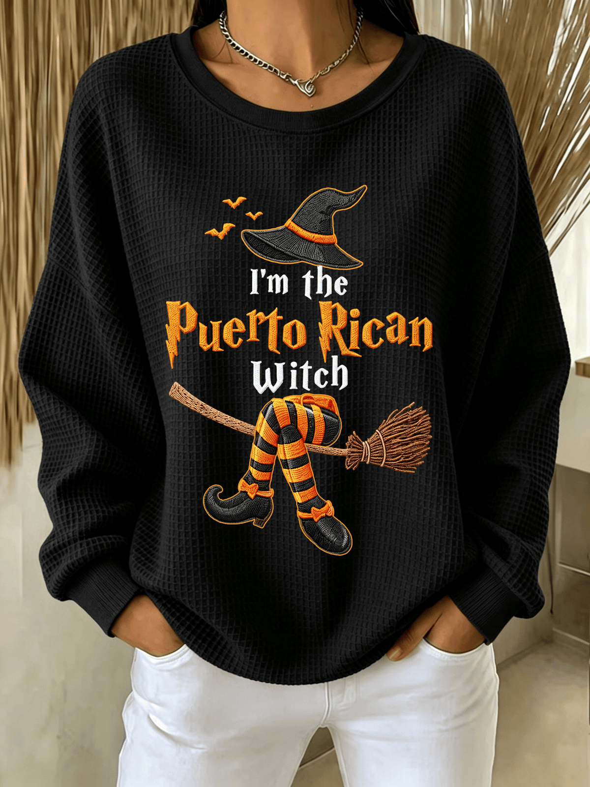 Women's Halloween in Puerto Rico Print Waffle-Knit Top