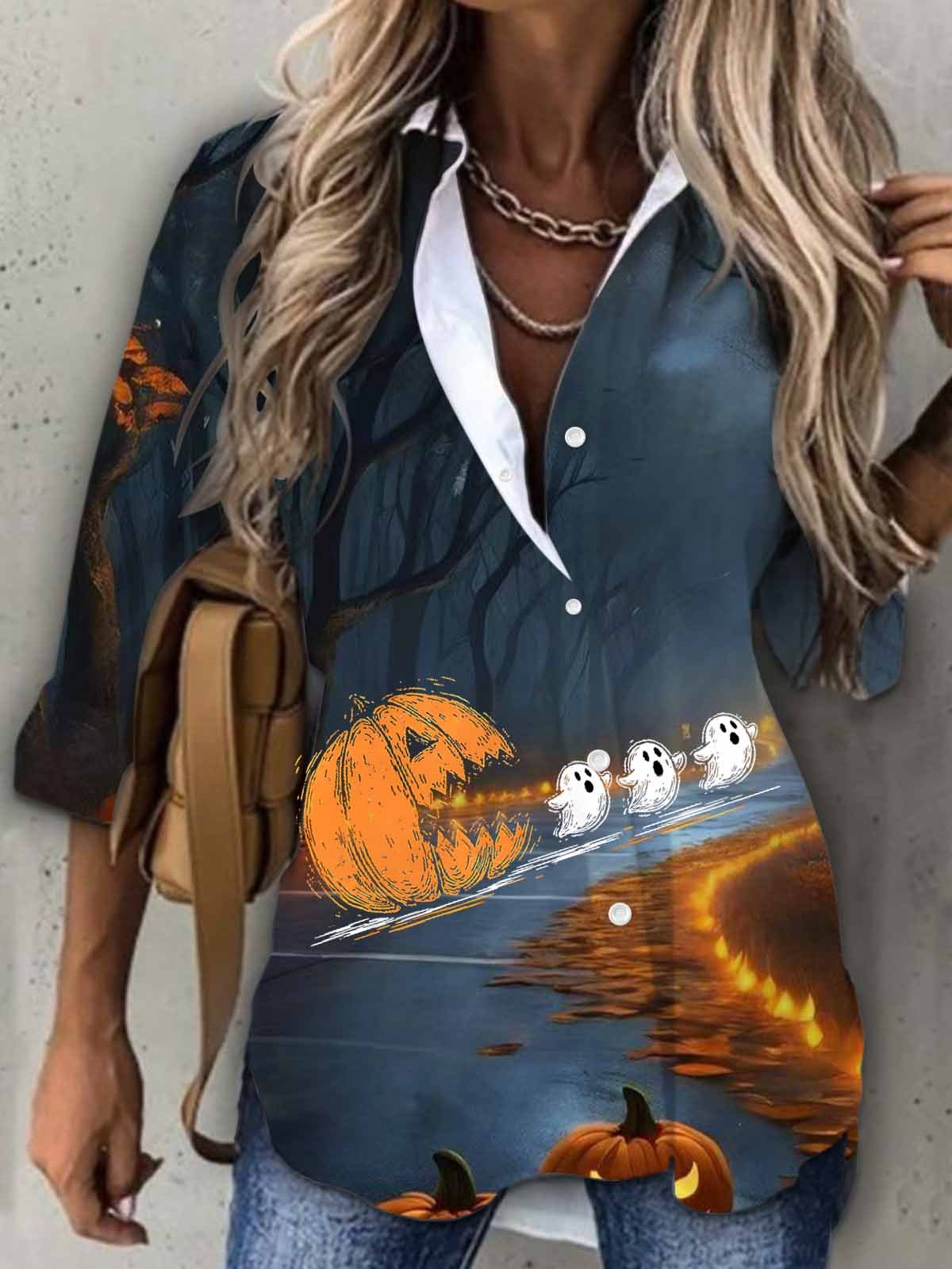 Women's Fall Pumpkin Ghost  Halloween Printed Casual Shirt