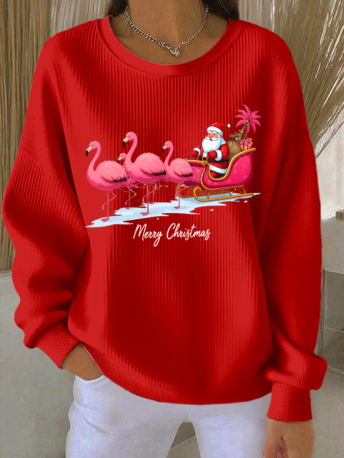 Women's Christmas Flamingo Print Knitted Crew Neck Long Sleeve Top