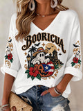 Women's Puerto Rico Halloween Print Graphic Waffle-Knit Casual T-Shirt