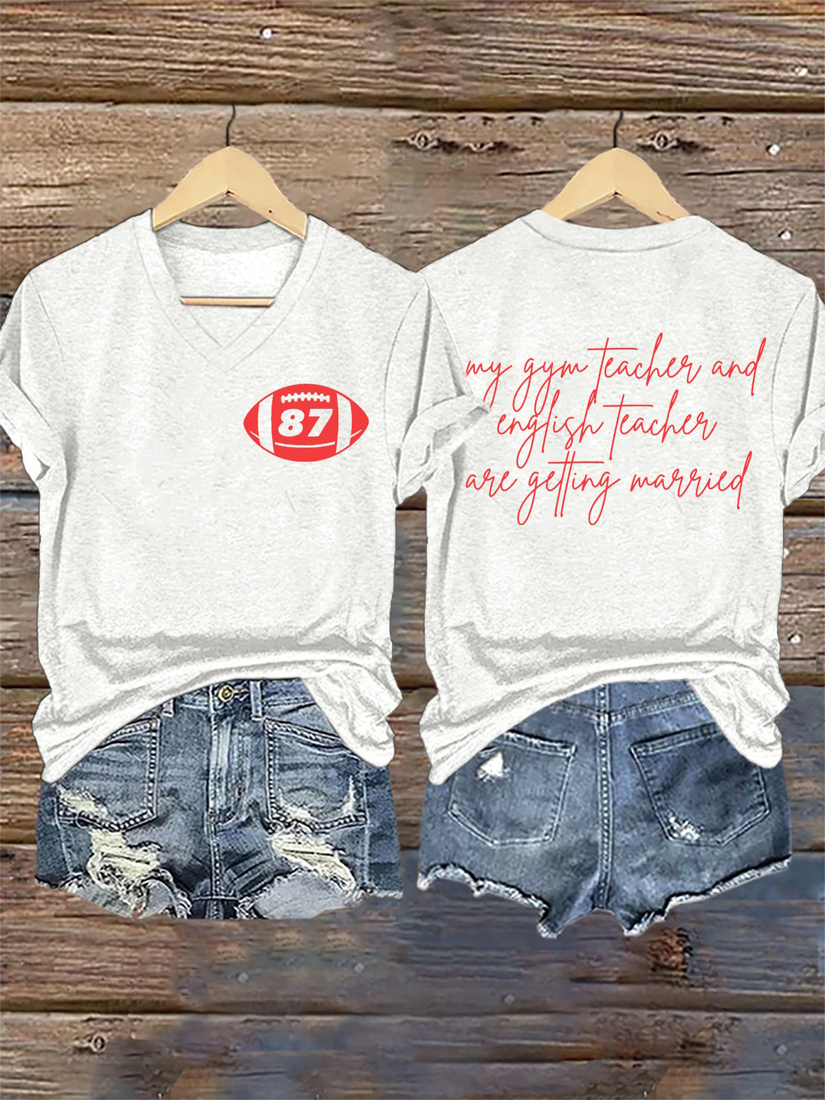 V-Neck Retro 87 Football My English Teacher And Gym Teacher Are Getting Married Print T-Shirt