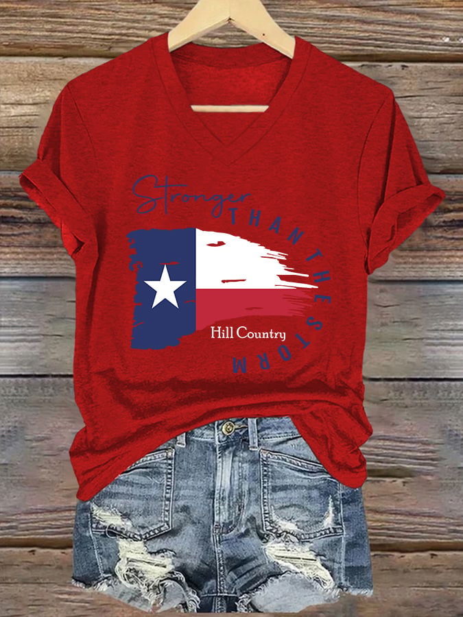 V-Neck Retro Texas Strong Hill Country Stronger Than The Storm Print T-Shirt