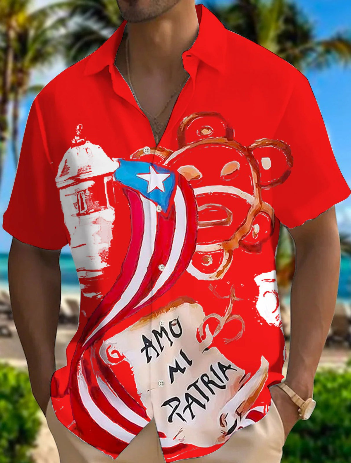 Puerto Rico Singer Beach Print Short Sleeve Shirts
