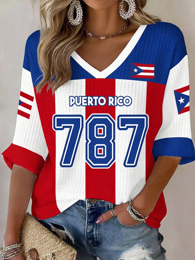 Women's Casual Baseball Printed Waffle Top