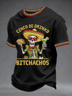 Men's Retro Cinco De Drinko Bitchachos Skeleton Mexican Fiesta Print Casual T-Shirt
