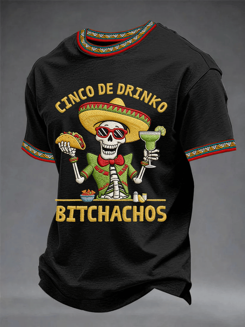 Men's Retro Cinco De Drinko Bitchachos Skeleton Mexican Fiesta Print Casual T-Shirt