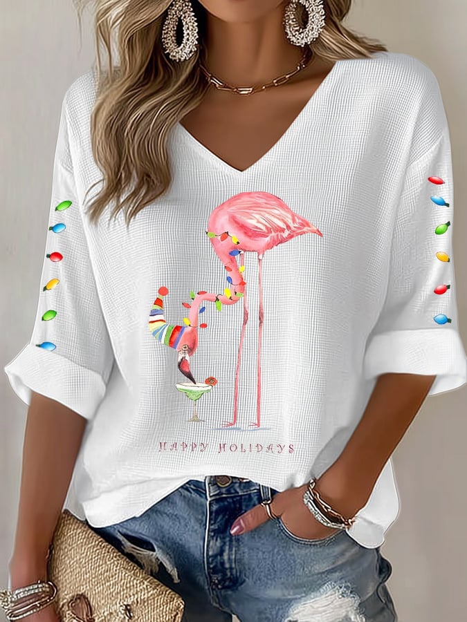 Women's casual Christmas pink flamingo waffle long-sleeved T-shirt