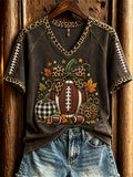 Women's Football Inspired Fall Pumpkin Print T-shirt