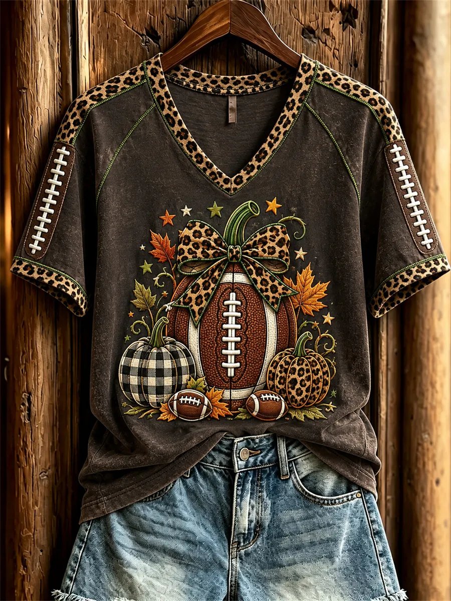 Women's Football Inspired Fall Pumpkin Print T-shirt
