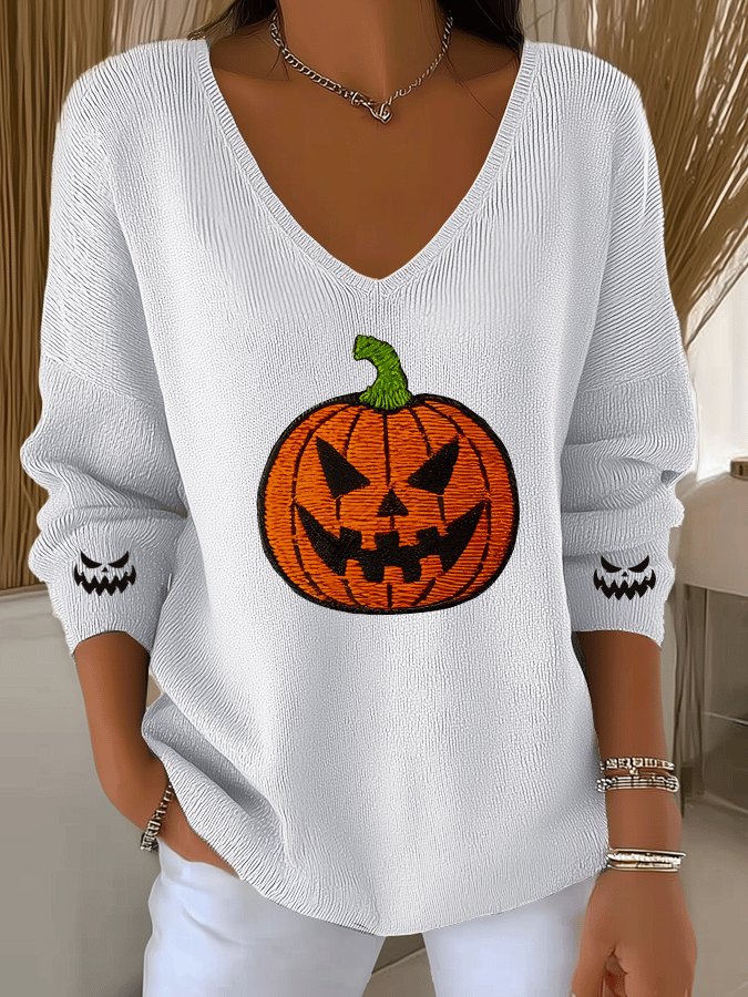 Women's Ghost Face Pumpkin Print Casual Striped Fabric Long Sleeve T-shirt