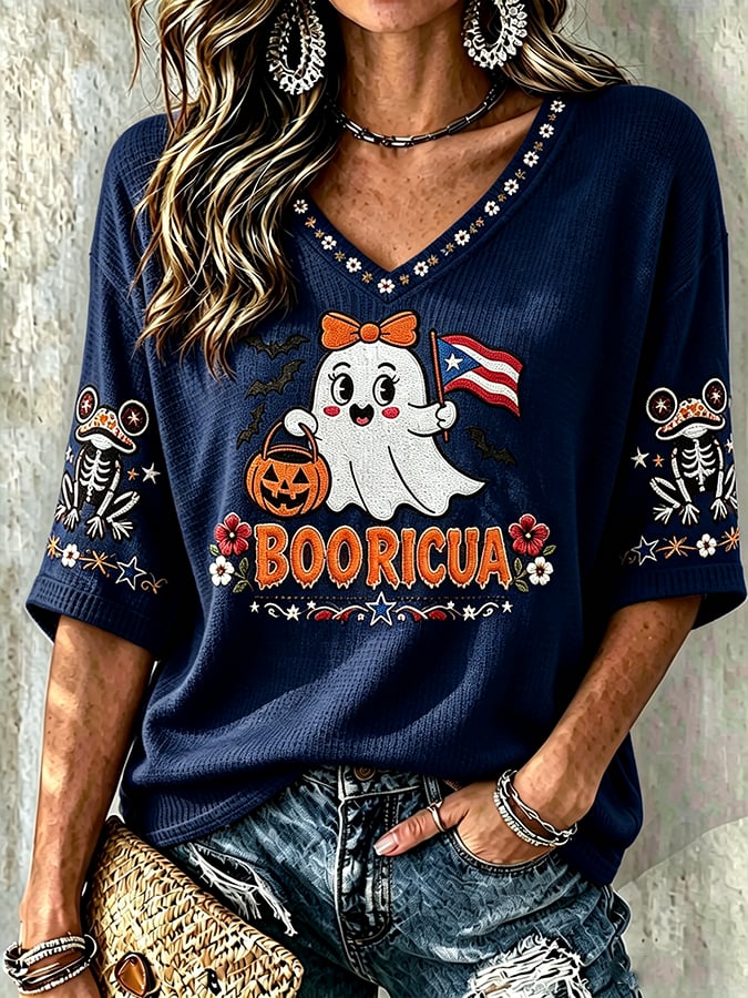 Women's Halloween In Puerto Rico Print Waffle-Knit Top