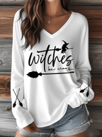 Women's Witch Be Crazy Print V-Neck Long Sleeve T-Shirt